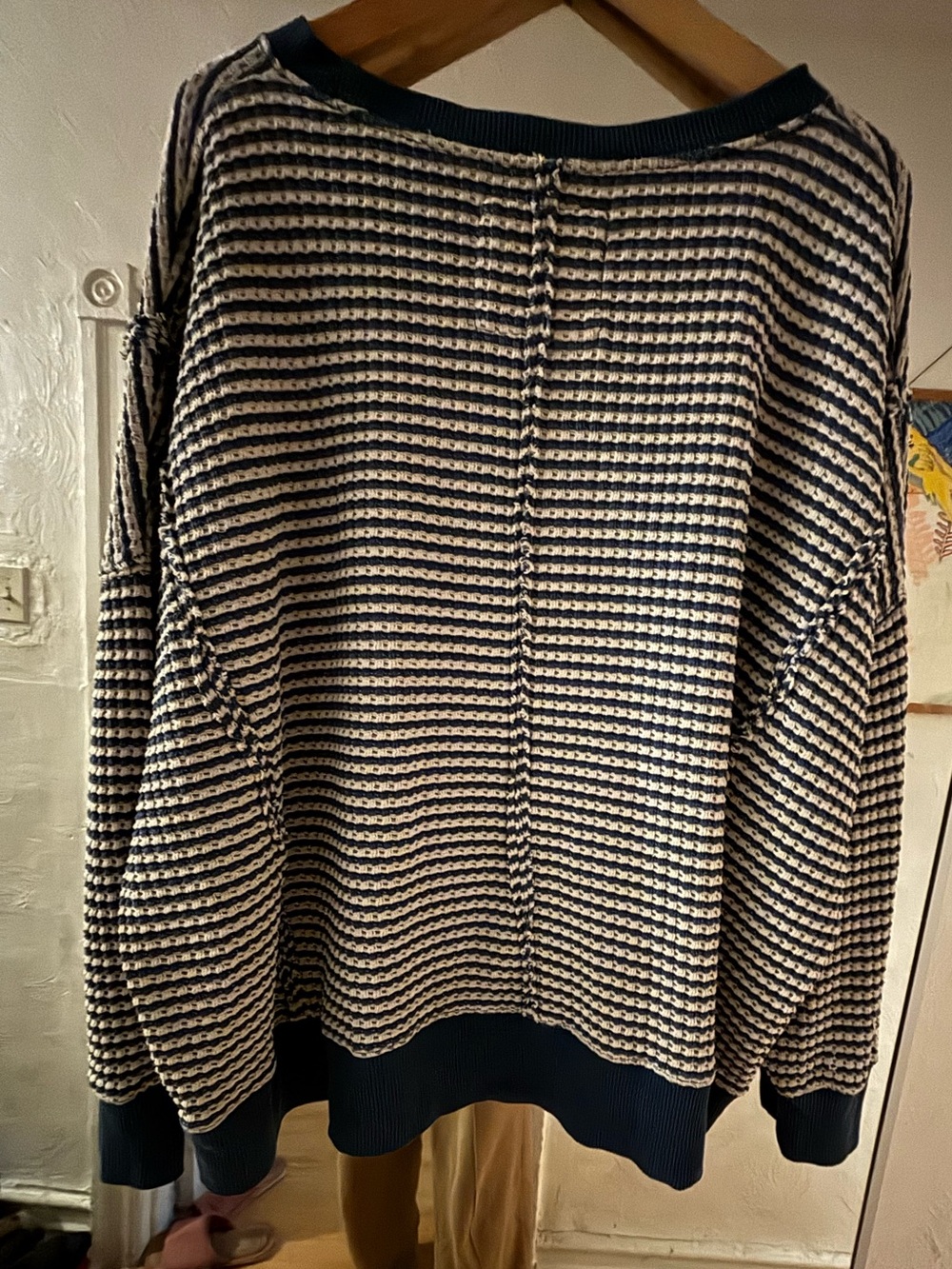 American Eagle Outfitters Navy & White Striped Waffle Crewneck Pullover, MEDUIM - Picture 11 of 16